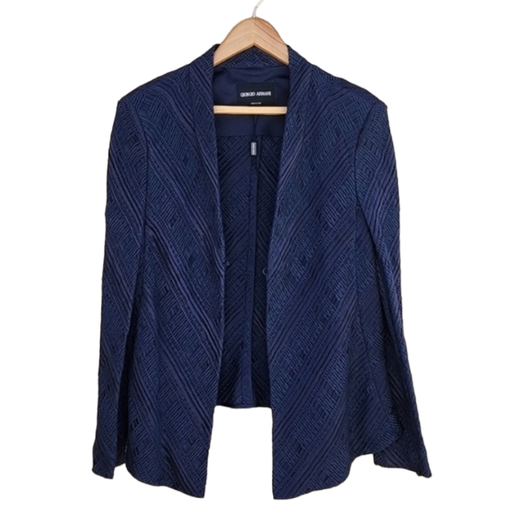 GIORGIO ARMANI Silk Blazer 48 12 Blue Single Breasted VINTAGE Woven Jacket - Picture 9 of 17